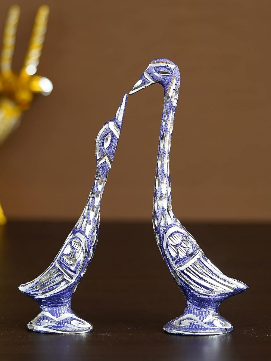 Zwanen Beeldje Liefdeskoppel Handgemaakt IJzeren Kunstwerk Blauw Hoogte: 17,8 cm