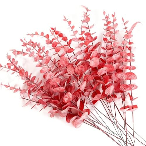RHQFDM 30 stuks kunstmatige eucalyptus takken, rood, 38 cm