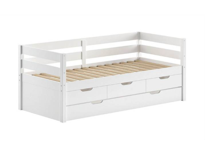 58 aufm Kessel Kinderbett Kojenbett Kelda 90x200 mit Bettschublade Kiefer Massivholz Weiß (inkl. Versand, Lieferung bis Verwendungsstelle), Multifunktionales Bett viel Stauraum zusätzliche Schlafmöglichkeit