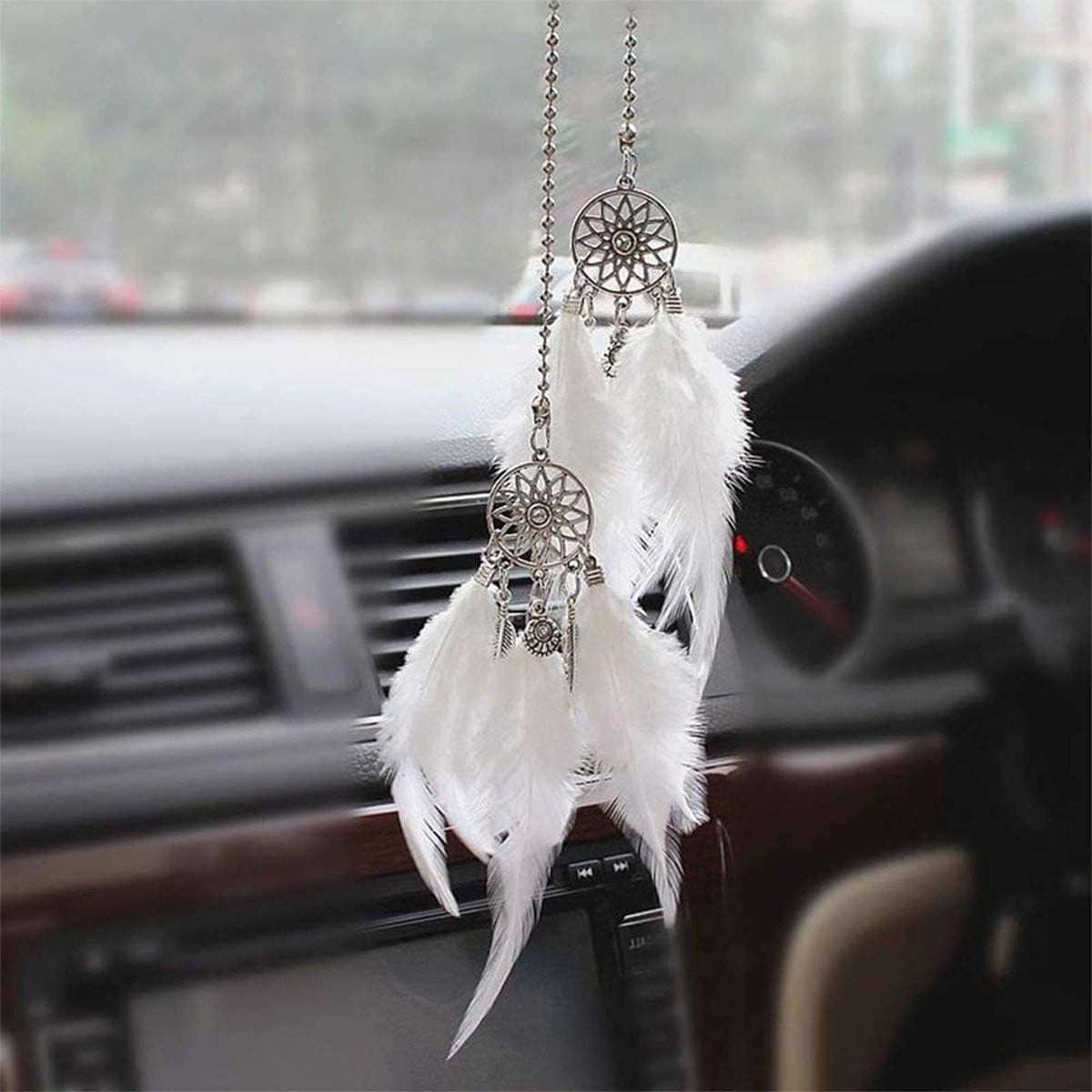 Auto achteruitkijkspiegel decoratie met kristallen dromenvanger hanger, wit