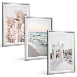 BILDER SET 3er Set - 40x60 cm Silberner Rahmen - Pflanzen, Meereswellen, Aussicht, Häuser