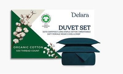 Delara 100% Organic Cotton Percale Weave Duvet Cover Set, GOTS Certified, 400 Thread Count