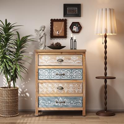 Kodotan sofa Vintage 4-Drawer Chest with Distressed Wood & Ornate Pattern Design, Rustic Storage Dresser for Bedroom/Living Room
