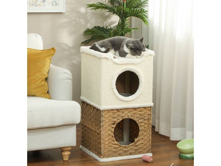 PawHut Niche Chat 3 Niveaux avec Griffoir Sisal Crème