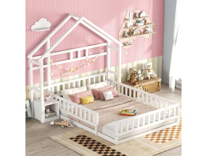 Lit enfant cabane blanc avec garde-corps et table de chevet