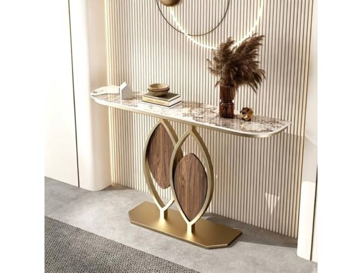 Moderner Konsolentisch mit Steinplatte, Flurtisch für Eingangsbereich Robuste Steinplatte, Metallrahmen, Schmaler Flurtisch, Sofatisch, Wohnzimmer(Gold+White-gold,47.2in(120cm))