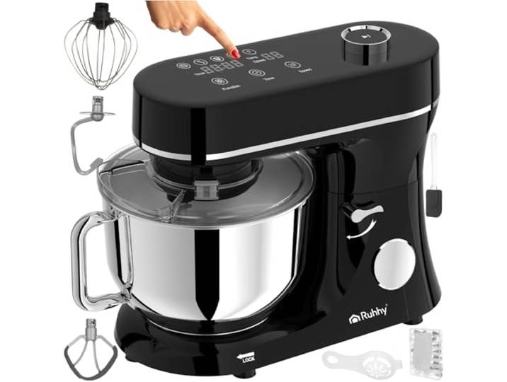 Küchenmaschine mit beheizbarer Rührschüssel 5,8 L – RUHHY Planetenrührgerät 2000W 11 Geschwindigkeiten & Touchdisplay – Teigknetmaschine für Brot, Pizza, Kuchen & Gebäck (Schwarz und Silber)