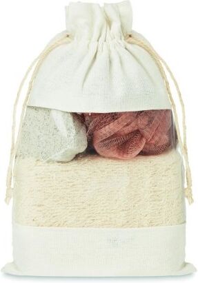 CUIDA SET bagno: spugna, pomice, scrub in sacchetto juta beige Personalizzate o neutre