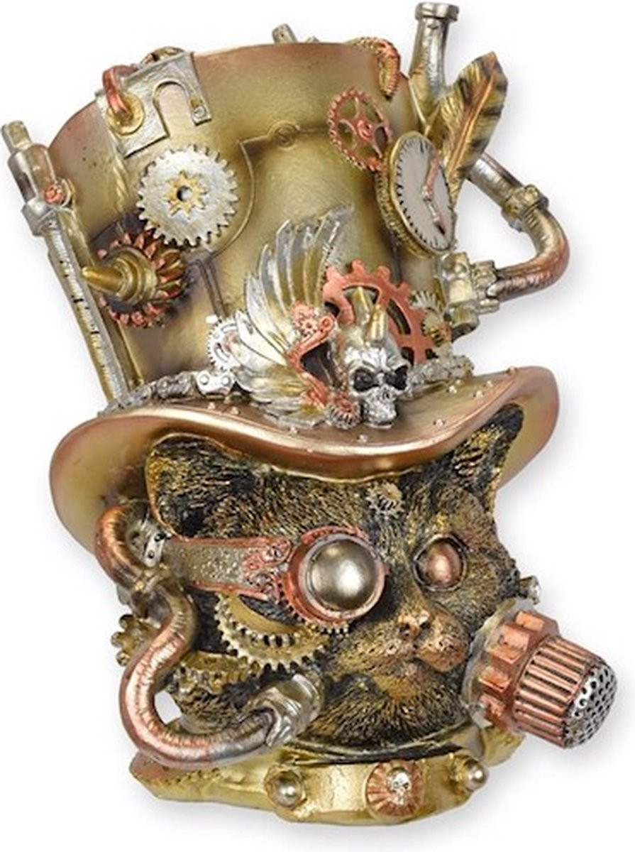 Steampunk kattenkop decoratiebeeldje van polyresin