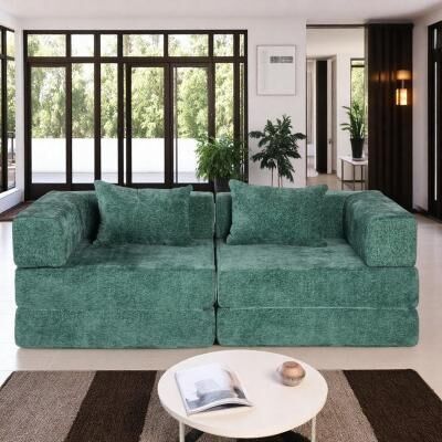 Chenille Convertible Floor Sofa Bed with Fixed-Shape Frame and No Assembly Required