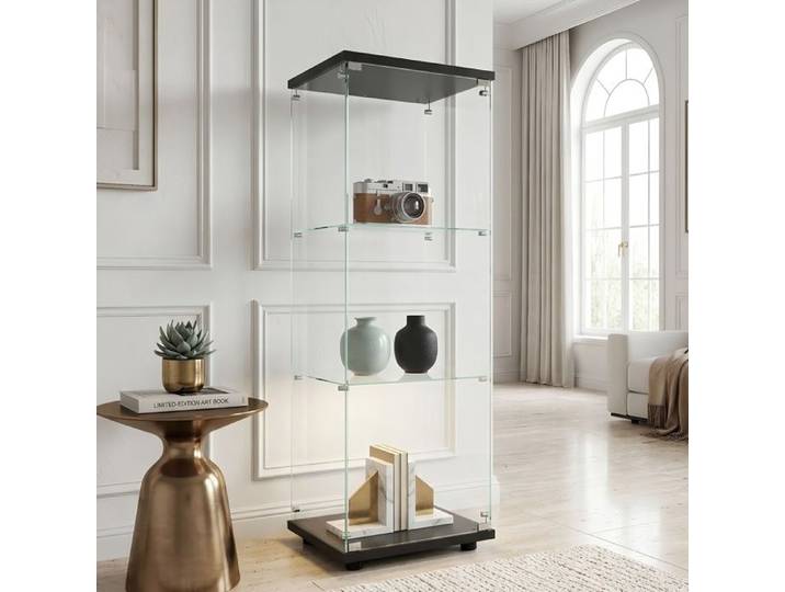 Vitrine d Exposition 125cm - 1 Porte 3 Niveaux - Montage Facile 50 Min - Verre Trempe et MDF - Noir