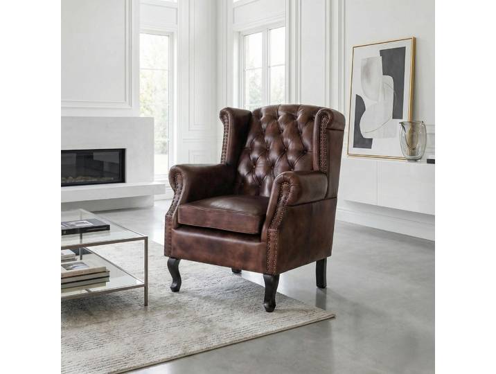 Fauteuil club anglais wingback en cuir brun foncé - George