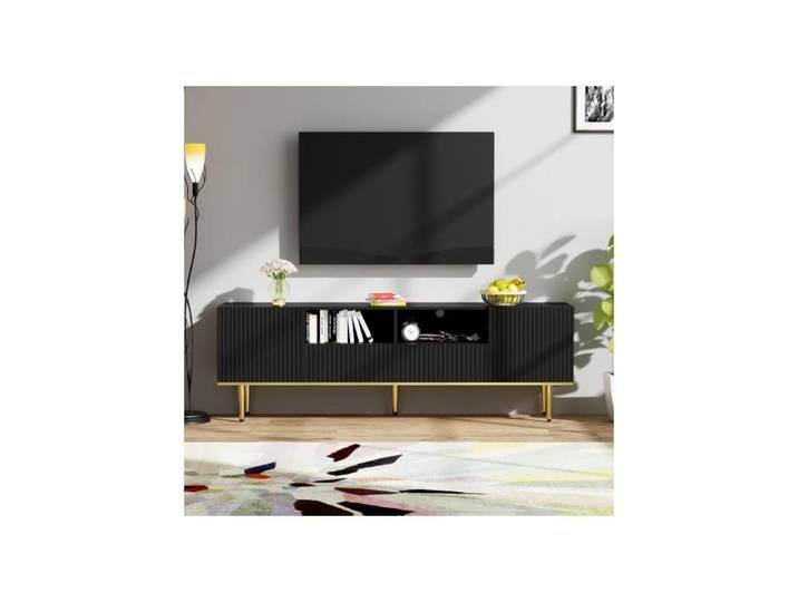Merax Meuble TV Noir avec Pieds Dorés 165 cm Meuble bas de Salon avec Tiroirs et Rangements