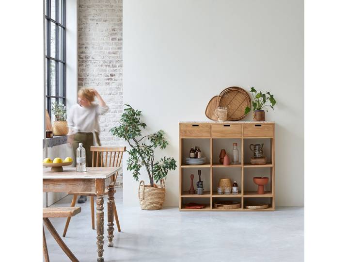 Niedriges Bücherregal aus massivem Teak mit Premium-Terrazzo Pink - Rosa - Teak