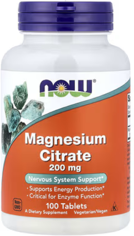 Now Magnesium Citrate 200mg Função Muscular e Nervosa 100Comps
