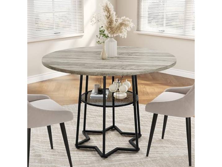 GarveeMore Runder Esstisch mit Eisenbeinen, 98 cm Spanplatte + sechseckiges Eisengestell, Küchentisch für Esszimmer, Wohnzimmer & Küche, 2 Farben: Grau, Braun