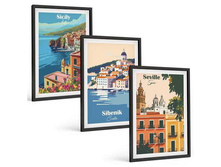 BILDER SET 3er Set - 40x60 cm Schwarzer Rahmen - Stadtlandschaften mit Gebäuden