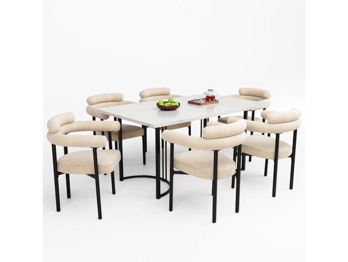 Flieks Esstischset 7-Teilig Mit 6 Hohlen Sesseln, Metallbeine, Cremefarben, Mehrfarbig, 140x75x80 cm, Esszimmer, Bänke, Tischgruppen & Eckbankgruppen