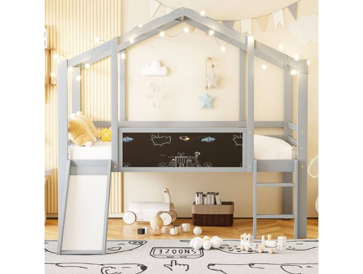 Lit mezzanine enfant 90x200 - Design loft - Échelle & toboggan - Bois massif - Gris