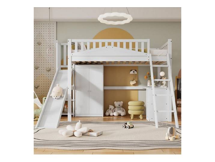 LuxusKollektion Etagenbett Etagenbett mit Rutsche Schrank Schreibtisch 90x200 Weiß (1-St)