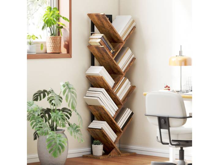HOMCOM Bibliothèque Arbre 9 Étagères Marron Rustique Bureau