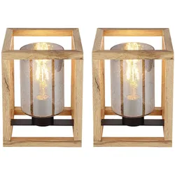 Tischlampe Rauchglas Tischleuchte schwarz Beistellleuchte Holz natur, Luftblasenoptik, E27 Fassung, LxBxH 17x17x22 cm, 2er Set