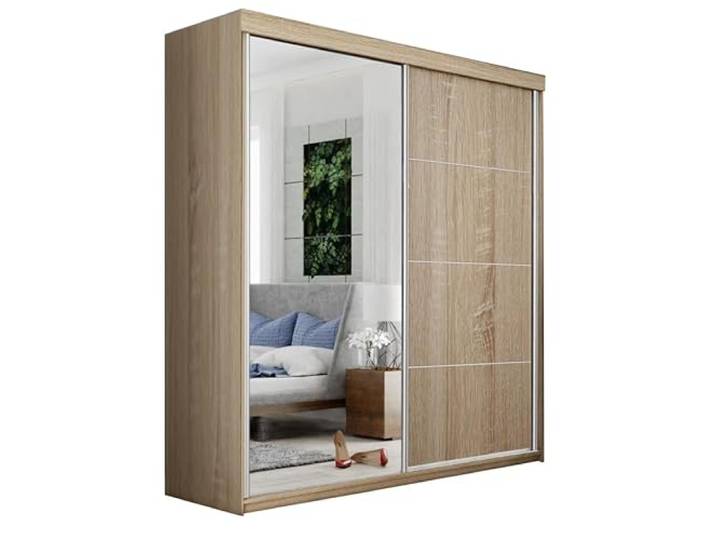KIER FURNITURE Mehrzweckschrank TOP Plus B-23 Schiebetürenschrank - Eleganter Kleiderschrank Schrank Garderobe Spiegel - Wohnzimmerschrank Schiebetüren - Eiche Sonoma 150x200x62 cm