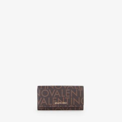 Geldbörse VALENTINO BAGS "REGINA RE", Damen, dunkelbraun, Lederimitat, Kleinlederwaren, Damen Geldbeutel, Portemonnaie mit goldfarbenem Logo-Emblem