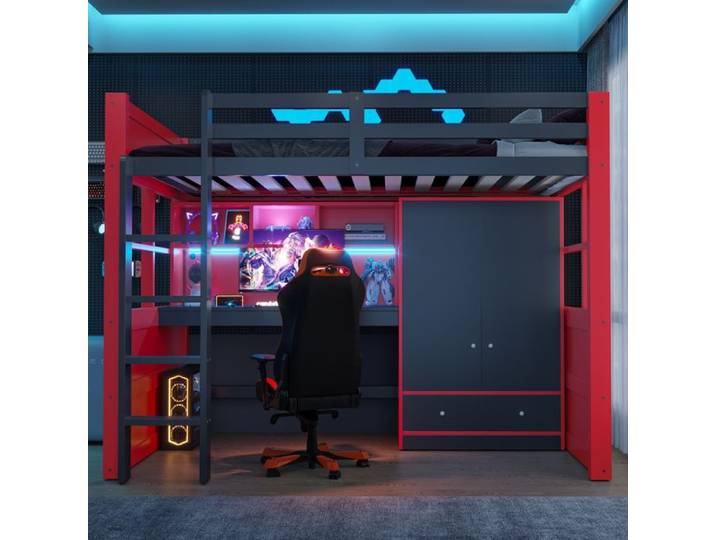 Lit mezzanine - CIPACHO - Lit mezzanine - 90 x 200 cm - Bureau et rangements intégrés - Noir et rouge