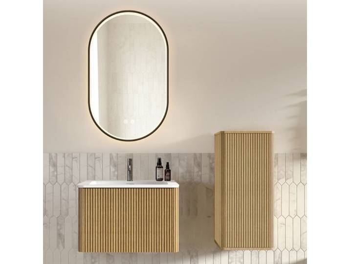 Meuble vasque mural - Moderne - 60 cm - Vasque ovale pierre reconstituée - Miroir LED antibuée