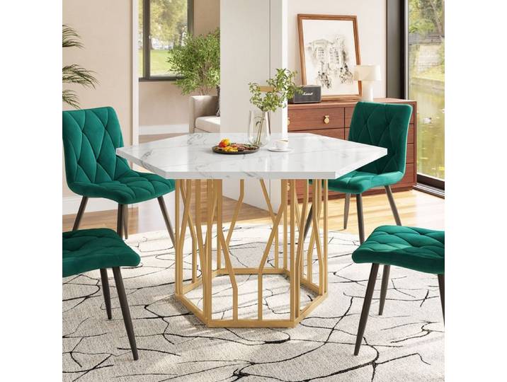 Table à manger - TANANT - Hexagonale - MDF en marbre - Métal doré - 6 places