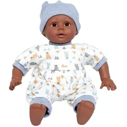 Babypuppe 40 cm Stoffkrper Vinyl Kopf Arme Beine Beige/Wei/Natur - mamamemo Puppe Luca - Lebensechte Augen, Strampler, Mtze