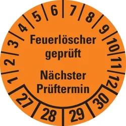 Dreifke® Prüfplakette Feuerlöscher geprüft,NP,27-30,orange,Dokufolie,Ø 30mm,18 St/Bogen
