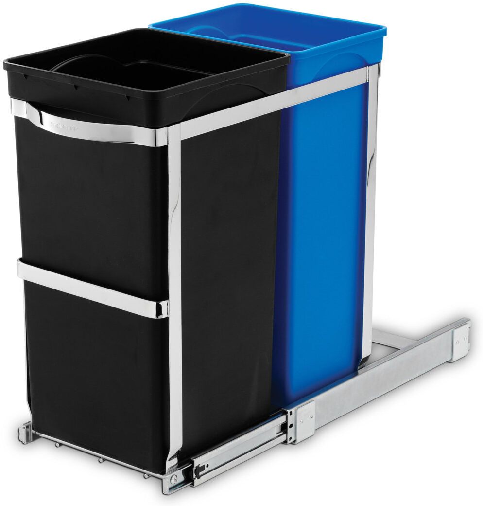 Simplehuman 35L (20/15) Pull Out Recycler Kitchen Bin, Heavy Duty Steel Frame Black, Blue, Polished Chrome 35L