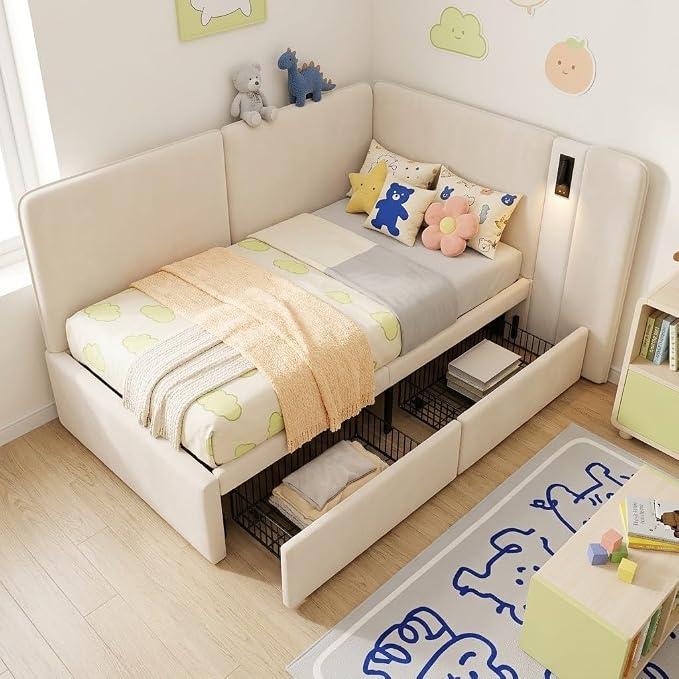 Polsterbett Daybett Tagesbett 90x200cm, Schlafsofa mit 2 Schubladen, USB-Ladeanschluss und Leselampe, Samt, Ohne Matratze