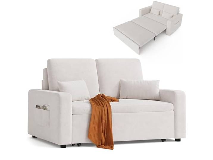 Xbro Schlafsofa 147x196x87 cm, Schlafsofa 2-Sitzer Ausziehbar, Sofa mit Schlaffunktion, Modernes Veloursstoff Sofabett, Beige