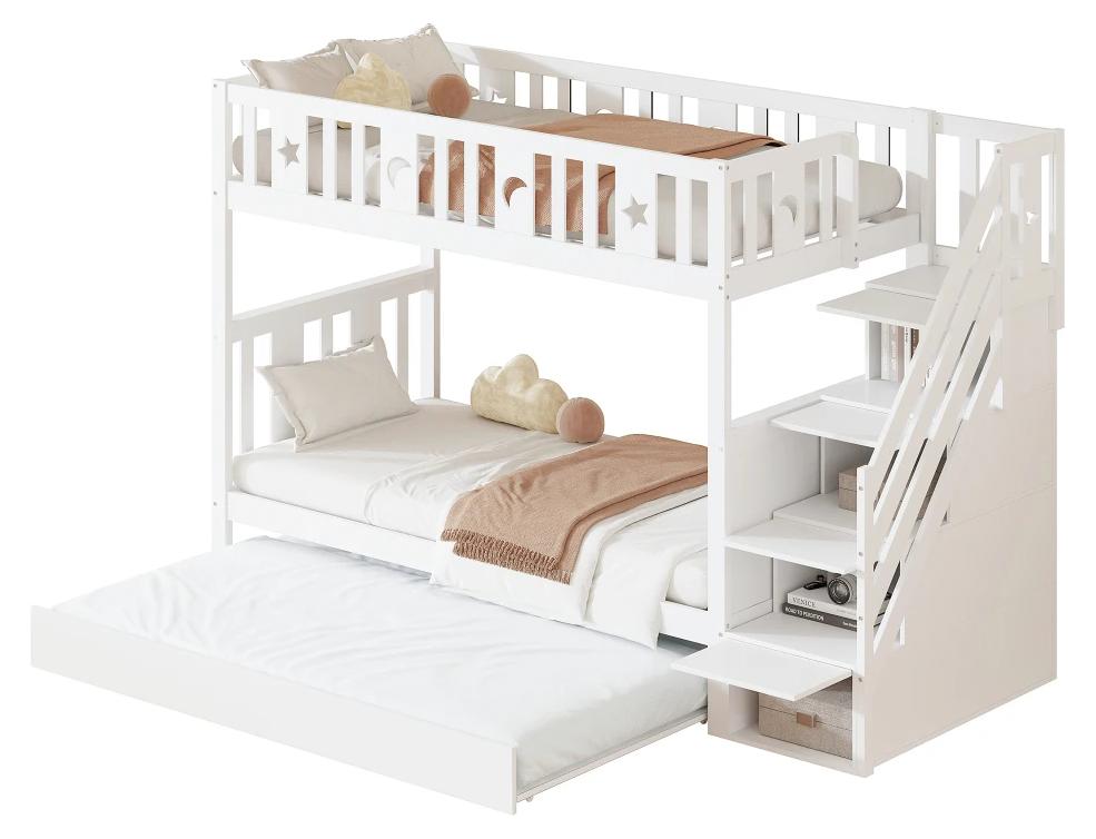 Kinder-Etagenbett - Massivholz - 90 x 200 cm - Treppe mit Stauraum - Zwei große Schubladen - Sicherheitsgitter - Stil B