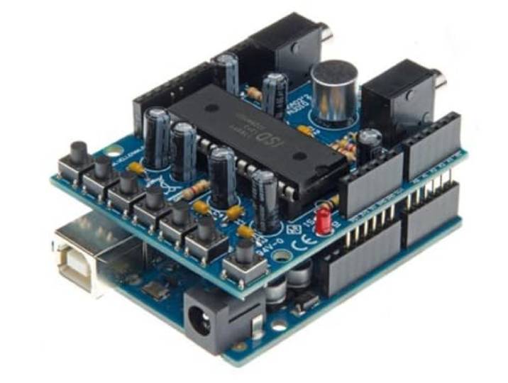 Whadda Audio-opname shield voor Arduino, 60 seconden, ingebouwde microfoon, line-ingang, stapelbaar