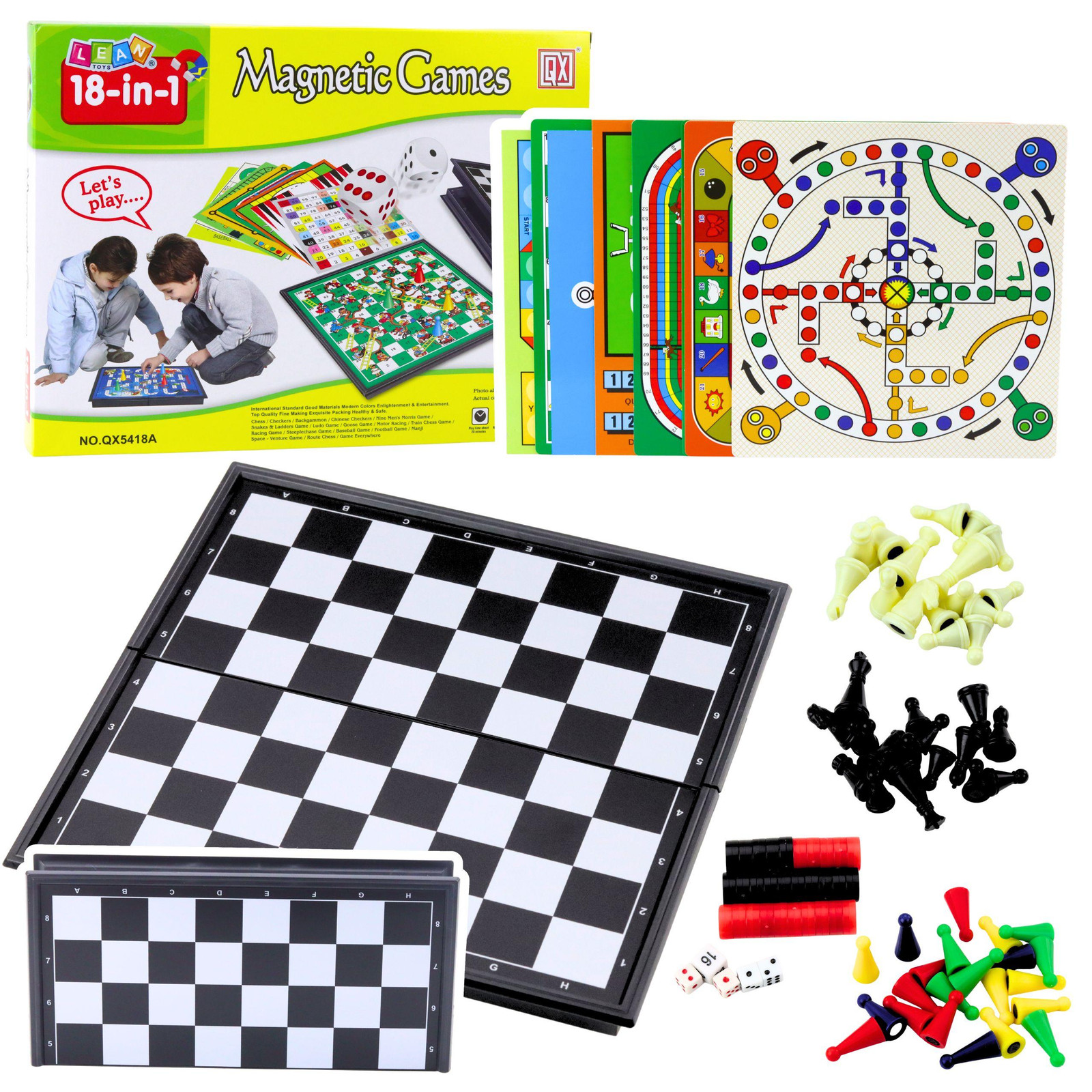 LEAN Toys 1085 Familie spelletjes set 18-in-1 met magnetisch schaakbord