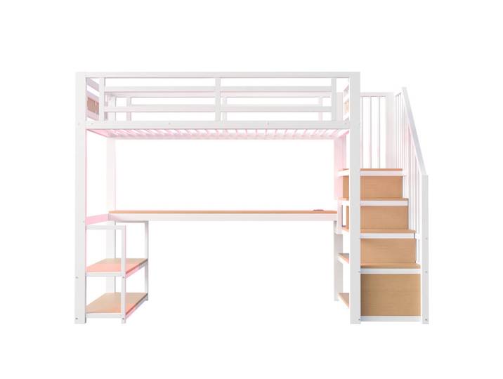 Oxeza Hochbett 90/200 cm Weiß mit LED-Lichtleisten, Stautreppen und Tisch, Metall, Rechteckig, 90x200 cm, Babymöbel & Kindermöbel, Kinderzimmer & Jugendzimmer, Kinderbetten, Hochbetten
