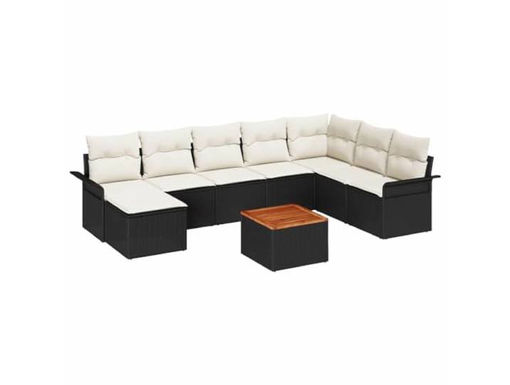 KTHLBRH Gartenmöbel-Set, 9-teilig, schwarz, Polyrattan mit Tisch Modulare Sessel, Ecksofa, Akazienholz, abnehmbare Kissen, Tisch inklusive, Außengebrauch