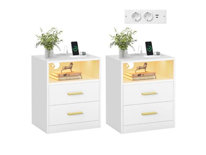 Table de Chevet Lot de 2 avec Multiprise LED Tiroirs Pts USB Blanc Nuage Lot de 2 Lot de 2 CHEVET