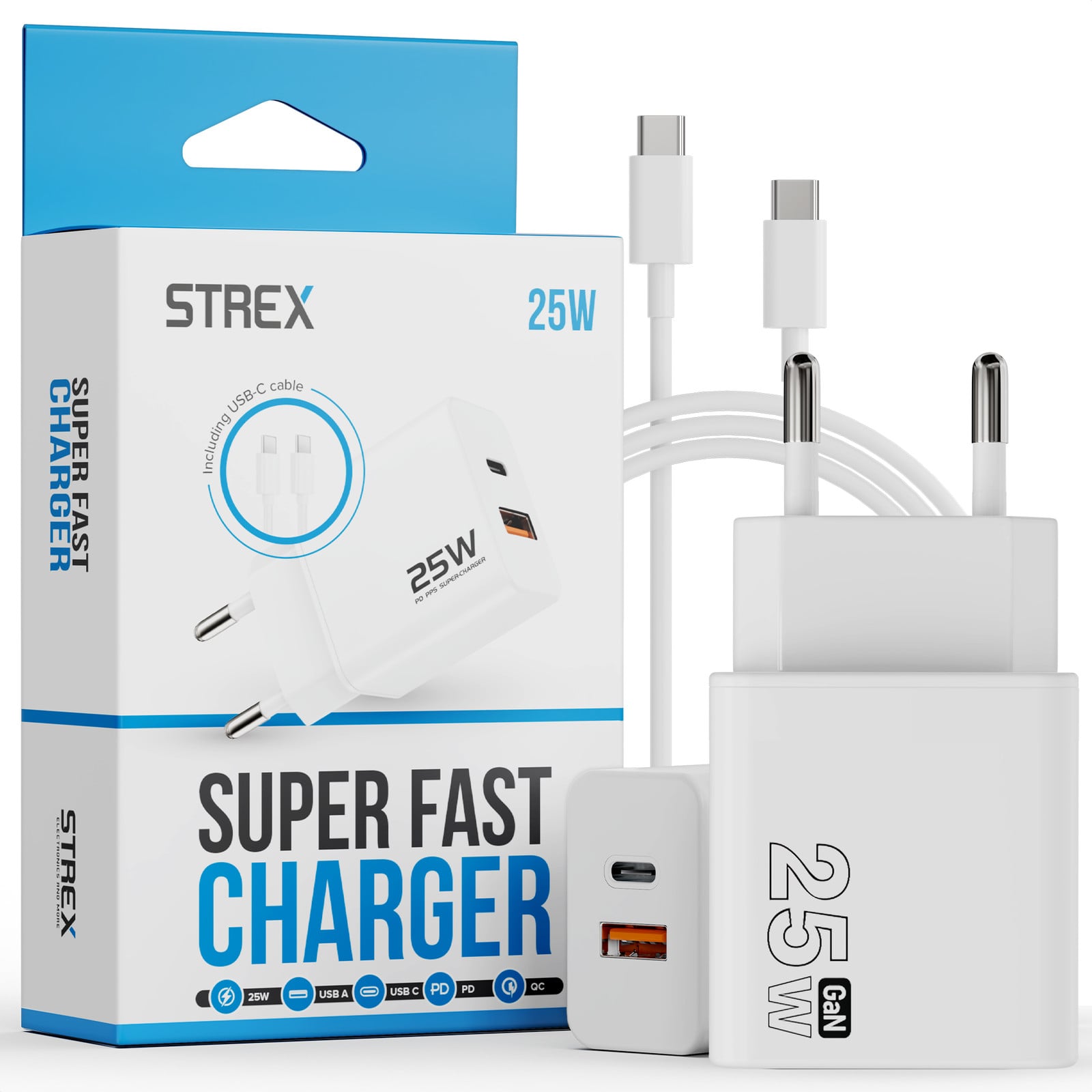 Strex USB Oplader 25W - Wit - GaN - USB-A & USB-C - PD 3.0 + QC 3.0