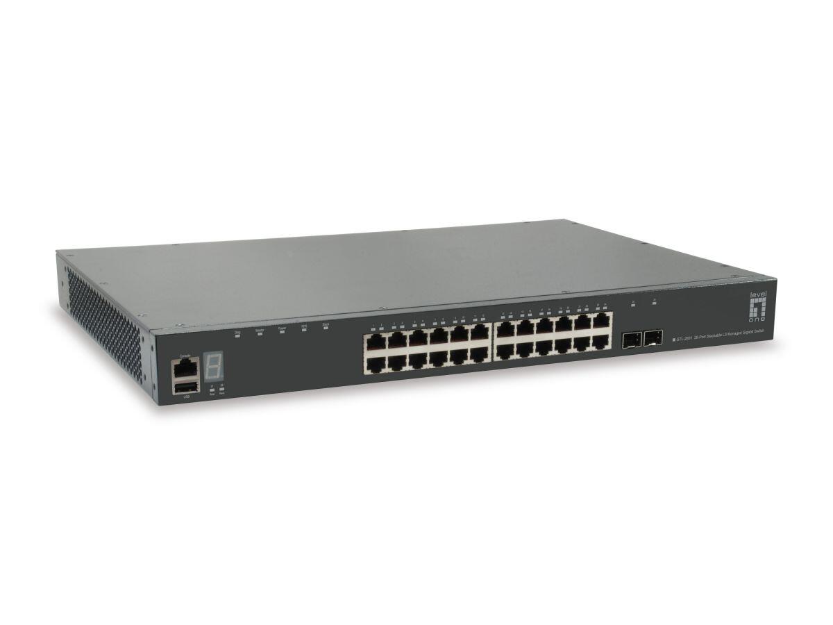 LevelOne Switch Kilby Stackable 28 Gigabit Ehternet-Ports mit 24 Gigabit Ethernet-Ports , 2 10Gbe SFP+, 10 Gbe DPE Slot GTL-2891