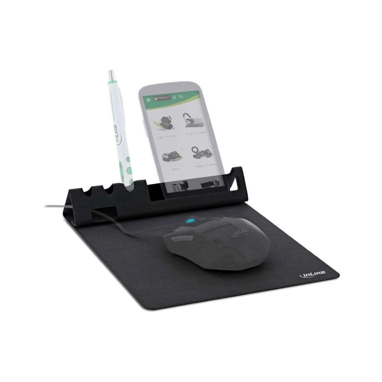 InLine Multifunktions-Mauspad mit Smartphone- und Stiftehalter, faltbar, schwarz