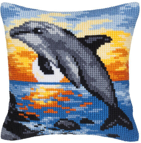 Kreuzstichkissen "Delfin im Sonnenuntergang"