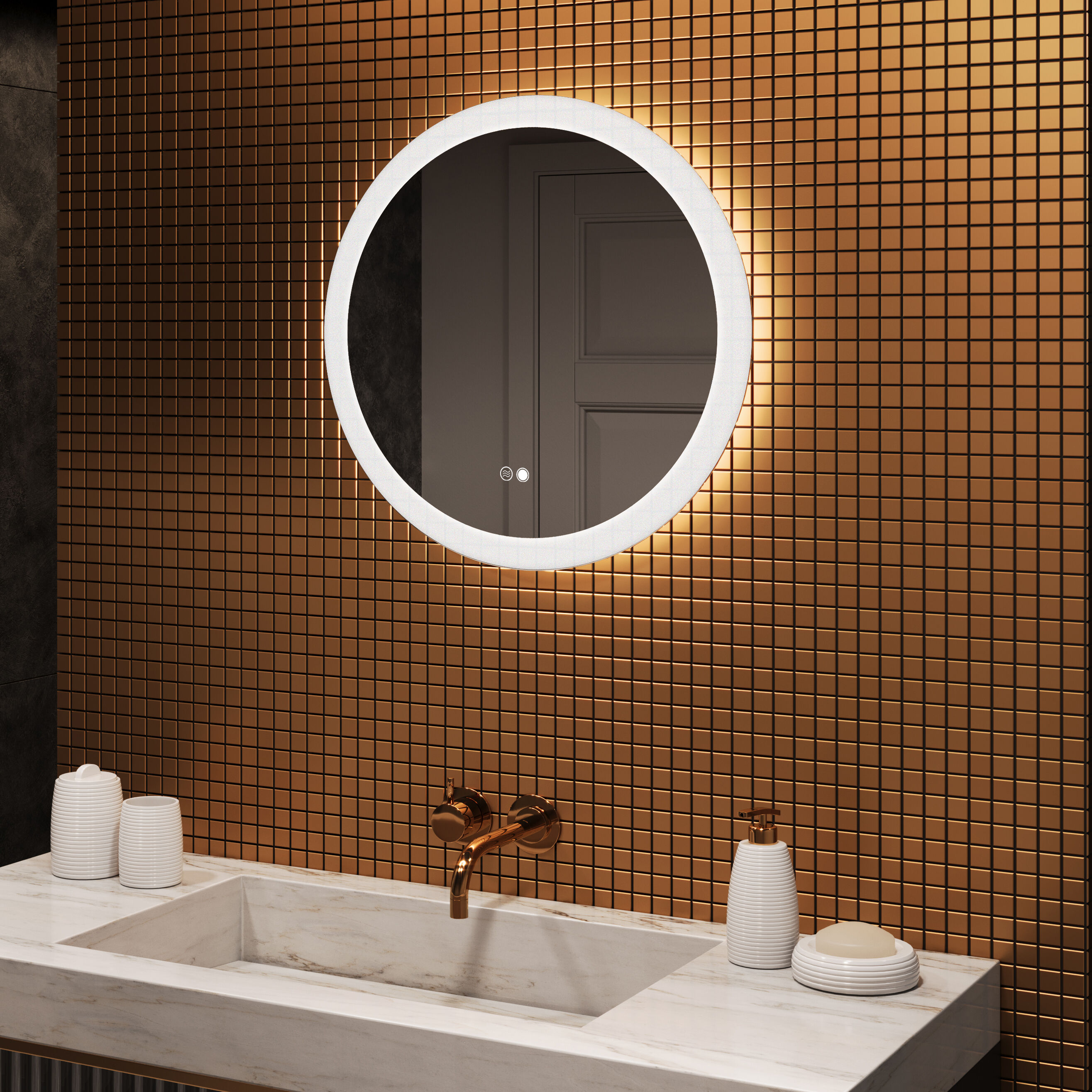 Artforma Kulaté LED zrcadlo do koupelny 80 cm s Dual Color, dotykovým vypínačem a vyhřívací podložkou