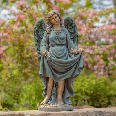 Zaer Ltd "37"" Tall Magnesium Angel Statue and Birdbath in Antique Bronze"