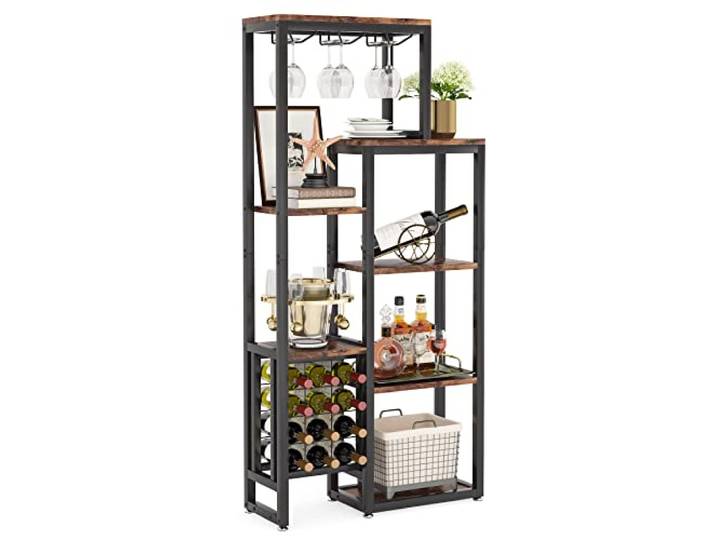 LITTLE TREE Weinregal, freistehend, 5-stöckig, Weinbäckerregal, Weinregal mit Glashalter und Weinaufbewahrung für Bar, Küche, Esszimmer, rustikales Braun