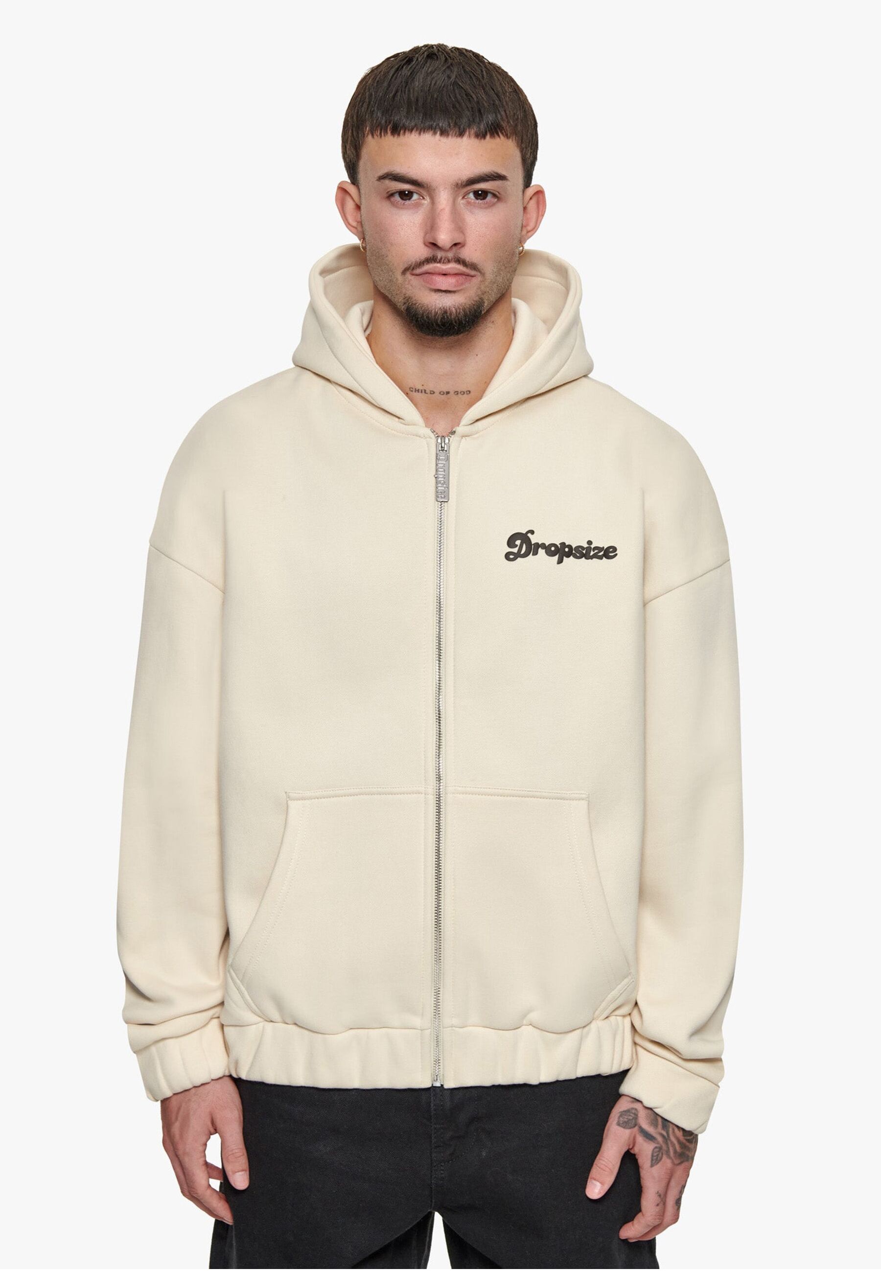 Kapuzenfleecejacke DROPSIZE "Dropsize Herren", Herren, Gr. XS, beige (coconutmilk), 70% Baumwolle, 30% Polyester, unifarben, oversize, ohne Ausschnitt, Jacken